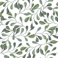 Watercolor green floral seamless pattern abstract round leaves. Hand painted pattern with branches and leaves isolated on white background. For design