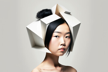 Close-up portrait of a beautiful young Asian woman with a futuristic hairstyle - isolated, copy space, not based on a real person, Generative AI