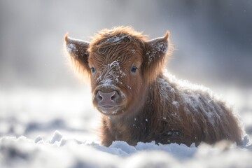Digital Illustration of a young Highlander (Highland Calf) in a Field in the Snow. Made in part with generative ai.
