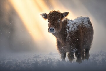 Digital Illustration of a young Highlander (Highland Calf) in a Field in the Snow. Made in part with generative ai.

