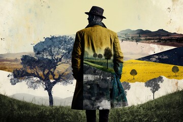 August fashion landscape artwork with man in clothes, created with Generative AI technology - obrazy, fototapety, plakaty