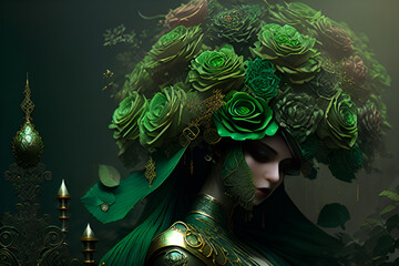 A Luxury Girl with Deep Green Rose Flower, generative ai