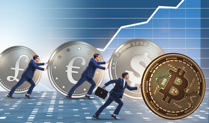 Businessman pushing bitcoin in cryptocurrency concept