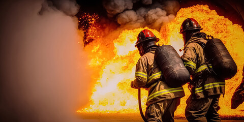Fototapeta premium fireman using water and extinguisher to fighting with fire flame in an emergency situation., under danger situation all firemen wearing fire fighter suit for safety. digital ai art
