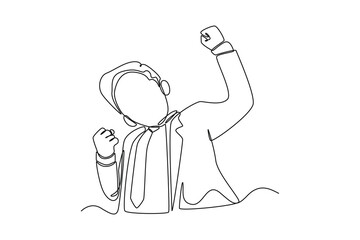 Single one line drawing happy employee clenching his fist. Employee appreciation day concept. Continuous line draw design graphic vector illustration.
