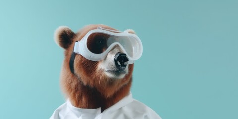 banner with empty space. A brown bear scientist wearing a white lab coat and safety goggles, standing on a light blue background, with copyspace. Generative ai. - obrazy, fototapety, plakaty
