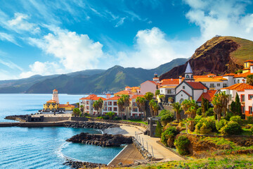 View of the small village of Canical and Marina da Quinta Grande, near Ponta de Sao Lourenco. Madeira Island, Portugal - obrazy, fototapety, plakaty