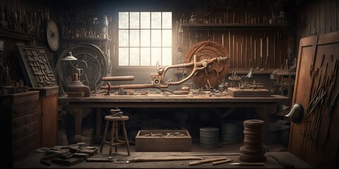 Workshop filled with various tools and machines used for woodworking and carpentry, concept of Woodworking Equipment and Carpentry Supplies, created with Generative AI technology