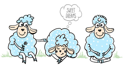 Sheeps family - sleeping and sitting sheep, sheep with flower, cartoon graphic illustration
