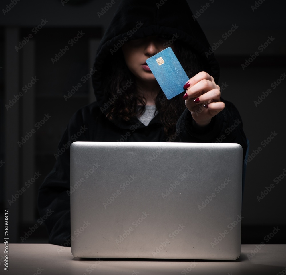 Poster female hacker hacking security firewall late in office