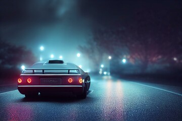 Plakat a car driving down a road at night with lights on it's headlights and a blurry image of a car. Generative AI