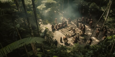 Obraz premium Forgotten tribe deep in the jungle. Gen AI
