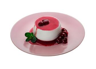 Cherry Panna Cotta on Red Plate with Mint Leaves - Italian Dessert PNG