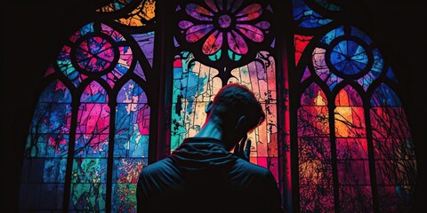 person praying in front of colorful stained glass window, concept of Spirituality and Art, created with Generative AI technology