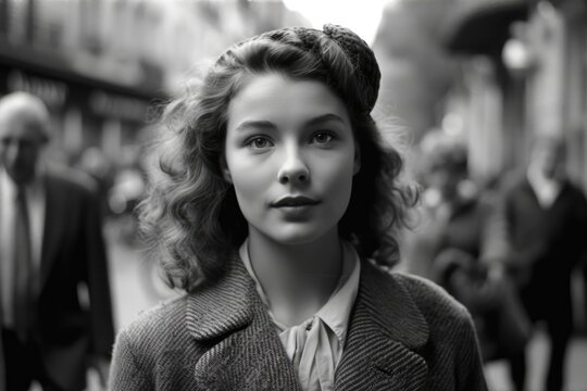 vintage young woman walking through paris street in 1947