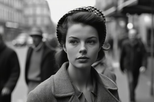 vintage young woman walking through paris street in 1947