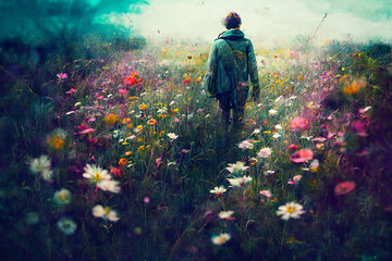 A person in a lush field of wildflowers at spring time