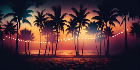 Silhouette Tropical Palm Trees At Sunset - Summer Vacation With Vintage Tone And Bokeh Lights 