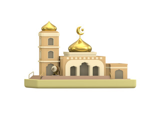 3d illustration of mosque with golden dome isolated in white background. 3d icons. 3d rendering