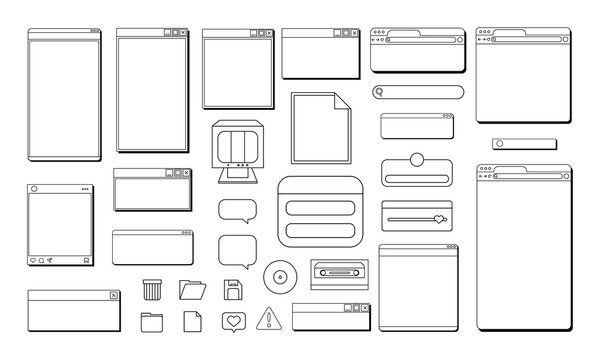 Lined retro user interface. Tab computer vintage desktop of website application programming. Instagram widget and notification.