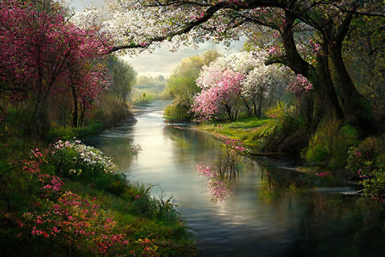 An idyllic wild waterway in spring time