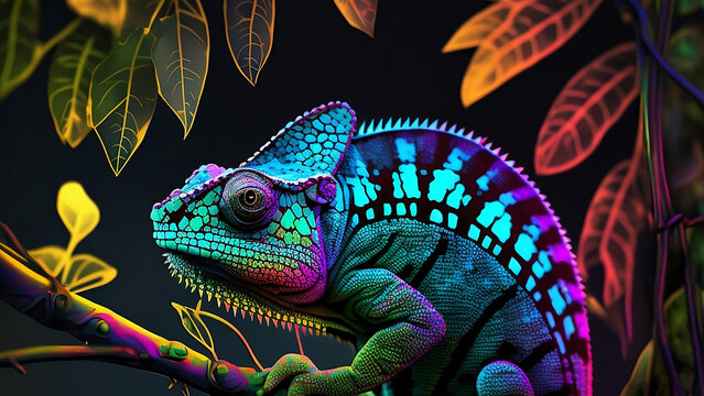 Reptile chameleon on a black background in neon light. Generative AI