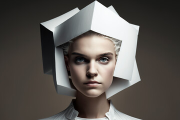 Close-up portrait of a beautiful young woman with a futuristic hat - isolated, not based on a real person, Generative AI