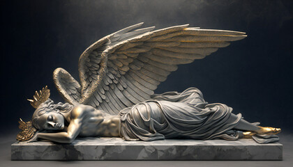 The Sleeping Guardian: A Detailed Marble Statue of a Fallen Angel