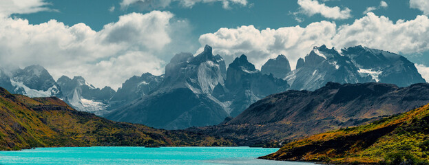 Panorama of Mirador Los Cuernos, and Turquoise Lake in Torres Del Paine, Patagonia, Chile - obrazy, fototapety, plakaty