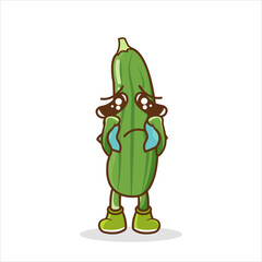 Crying face on cucumber illustration, Cute funny crying sad cucumber character.