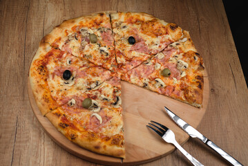 pizza on a wooden board