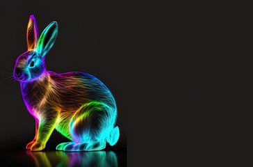 Fototapeta na wymiar Neon easter bunny, luminescent colorful easter rabbit, neon rabbit, colorful spring bunny, copy space, space for text, isolated on black, card, generative Ai