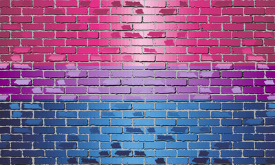 Bisexual Pride Flag on a brick wall - illustration, 
Symbol of lesbian, gay, bisexual and transgender community - obrazy, fototapety, plakaty