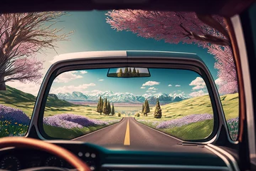 Vlies Fototapete Lachsfarbe Road trip in spring. View through car window. AI generated image