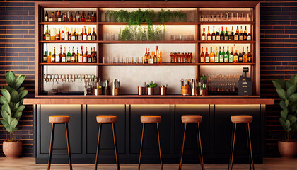 Open wooden bar counter with alcohol on shelves Generative AI
