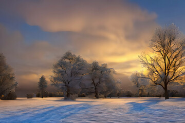 sunset in winter withe snowy forest