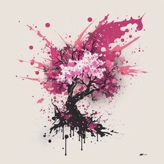 Sakura in splashes of colors. Blossoming cherry on a dark background. Japanese tree. Generative AI.