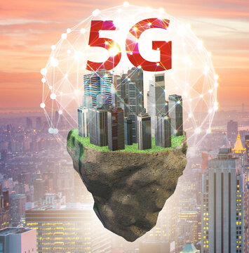 Concept of 5g technology with floating island