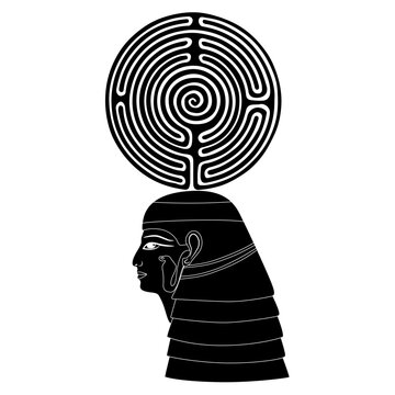 recommend clip art: Head of ancient Egyptian queen woman or goddess holding a round spiral maze or labyrinth symbol. Religious mythological concept. Black and white silhouette.
