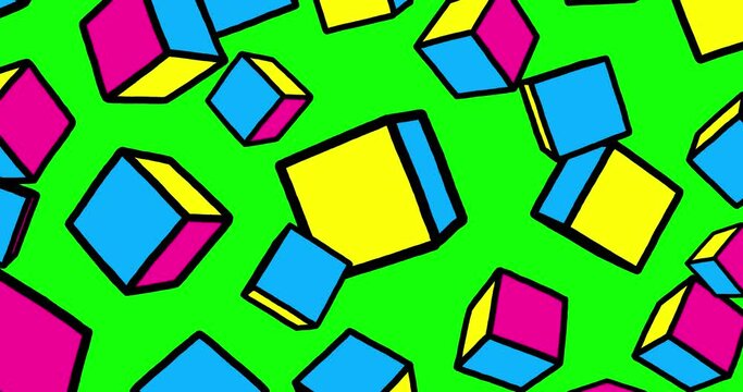 Wipe transition cubes cartoon 3d CMYK color. Linear doodle black outline animation figure rotation. 24 fps version. Seamless loop greenbox isolated keyable. Motion design element.
