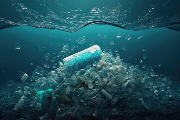 Plastic bottles and plastic parts float underwater in the ocean and pollute the sea - 3d illustration Generative AI