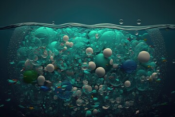 Fototapeta na wymiar Plastic bottles and plastic parts float underwater in the ocean and pollute the sea - 3d illustration Generative AI