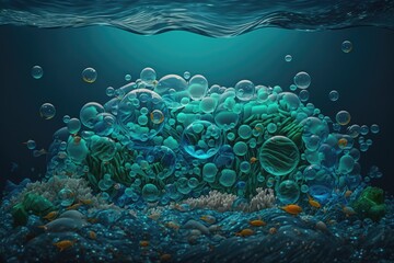 Plastic bottles and plastic parts float underwater in the ocean and pollute the sea - 3d illustration Generative AI