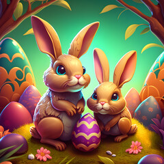 two cartoon easter bunnies, surrounded by easter eggs, in a bright environment