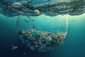 Fototapeta na wymiar Plastic bottles and plastic parts float underwater in the ocean and pollute the sea - 3d illustration Generative AI