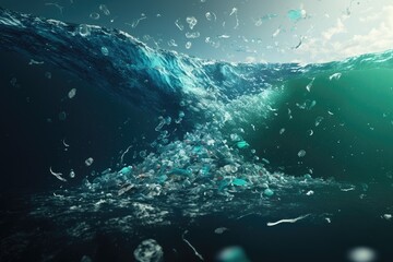 Plastic bottles and plastic parts float underwater in the ocean and pollute the sea - 3d illustration Generative AI