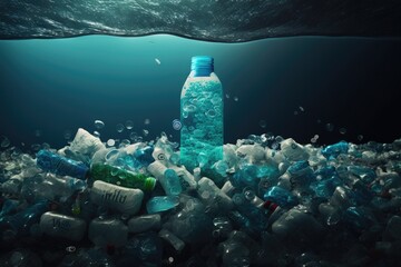 Plastic bottles and plastic parts float underwater in the ocean and pollute the sea - 3d illustration Generative AI
