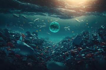 Obraz na płótnie Canvas Plastic bottles and plastic parts float underwater in the ocean and pollute the sea - 3d illustration Generative AI