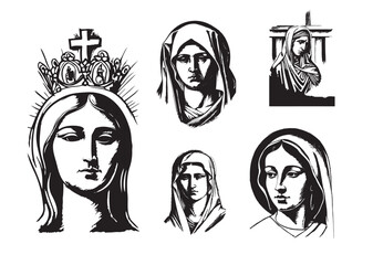 Virgin Mother Mary Transparent Drawing Illustration, Mother Mary Tattoo Sheet, Holy Mary Vector Set