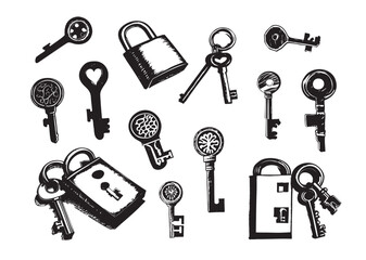 Vintage Key Illustration Set, Key Tattoo Sheet, Vintage Keys